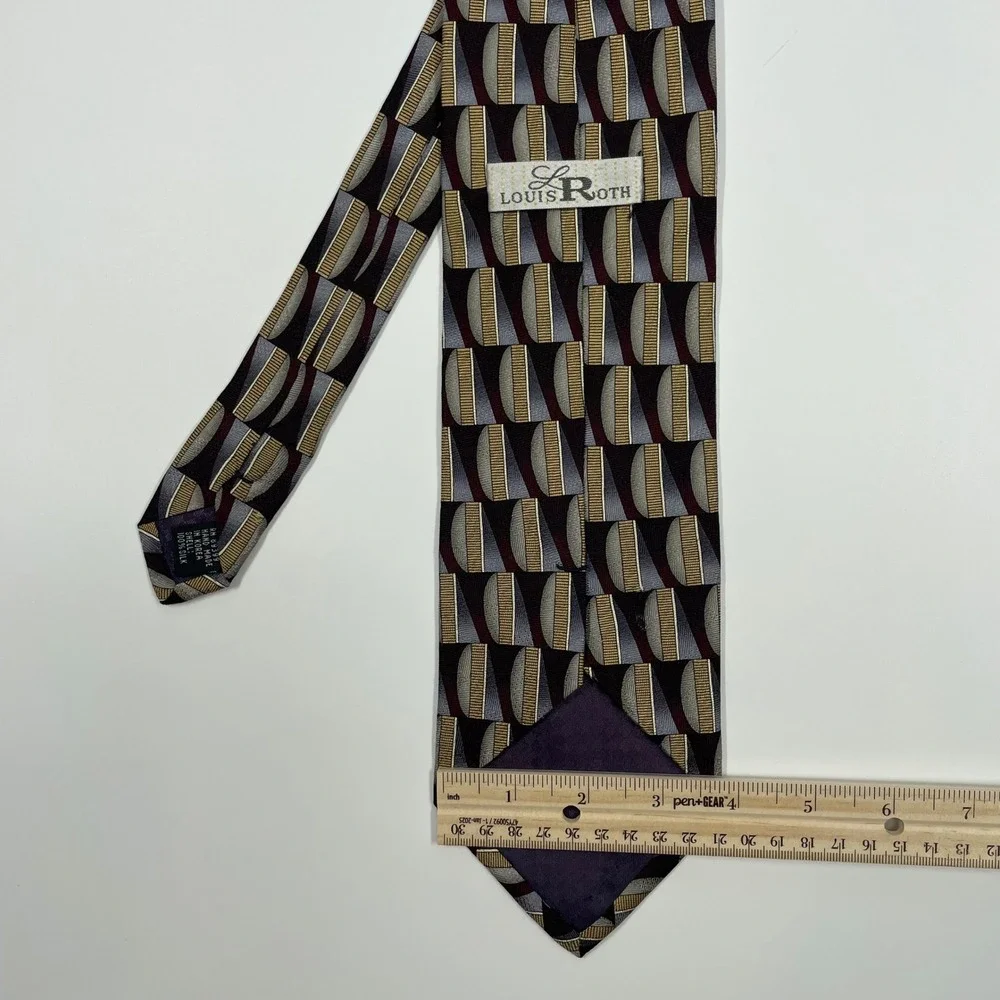 Louis Roth Grey Gold Geometric Silk Necktie Mens OSFA